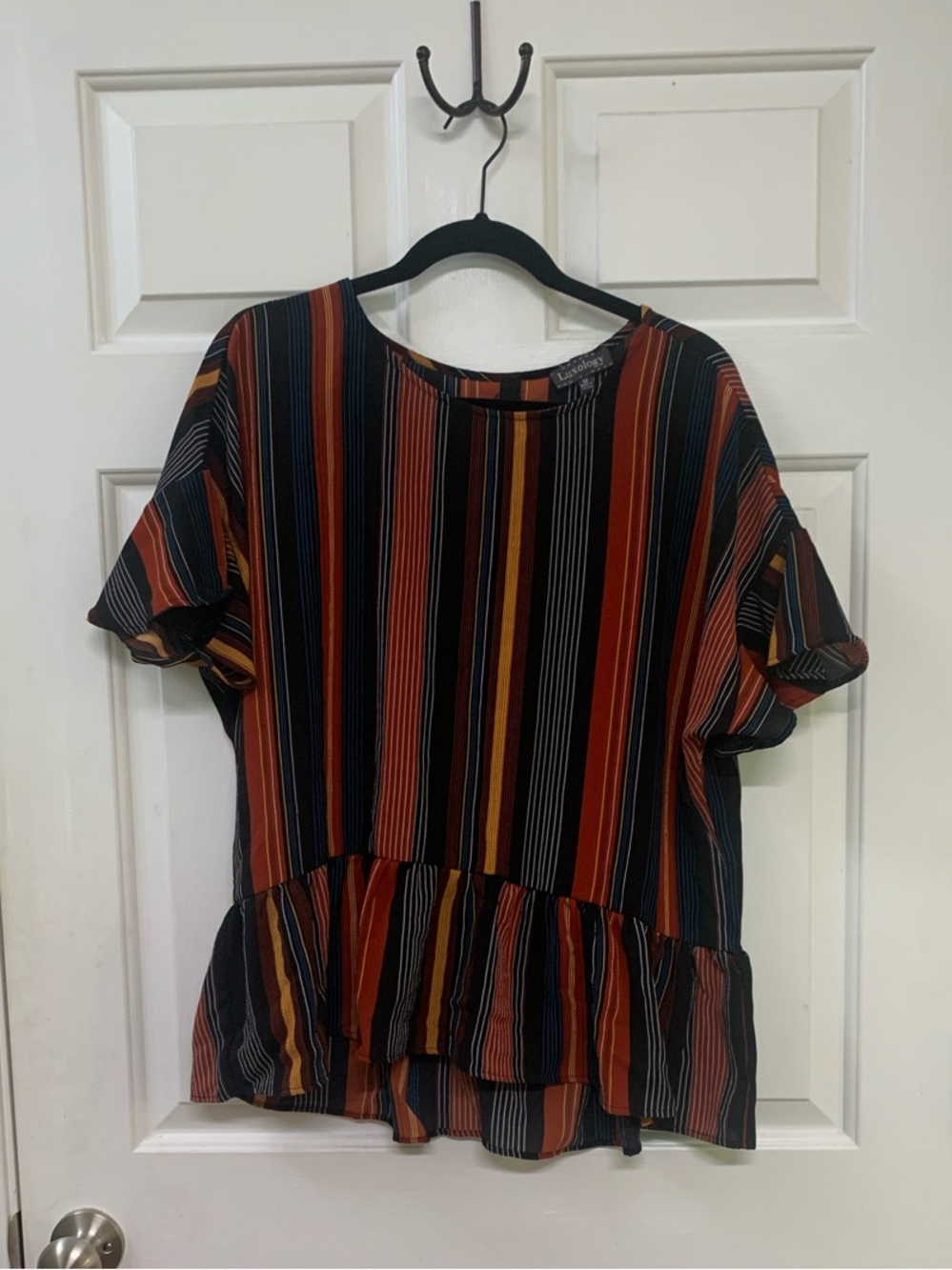 Luxology Medium Flowy Short Sleeve Blouse with Ruffles and Vertical Stripes